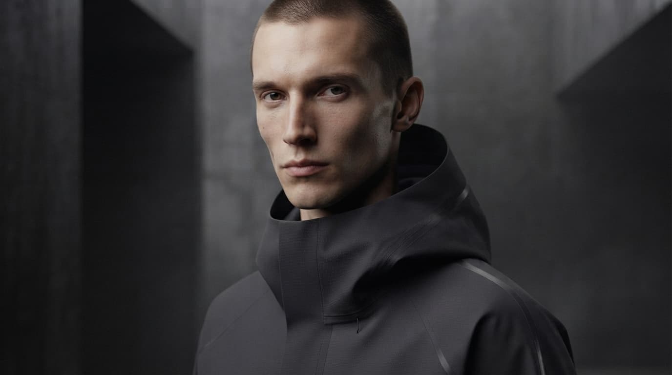 Close portrait wearing the NØVA / 01 hooded collar